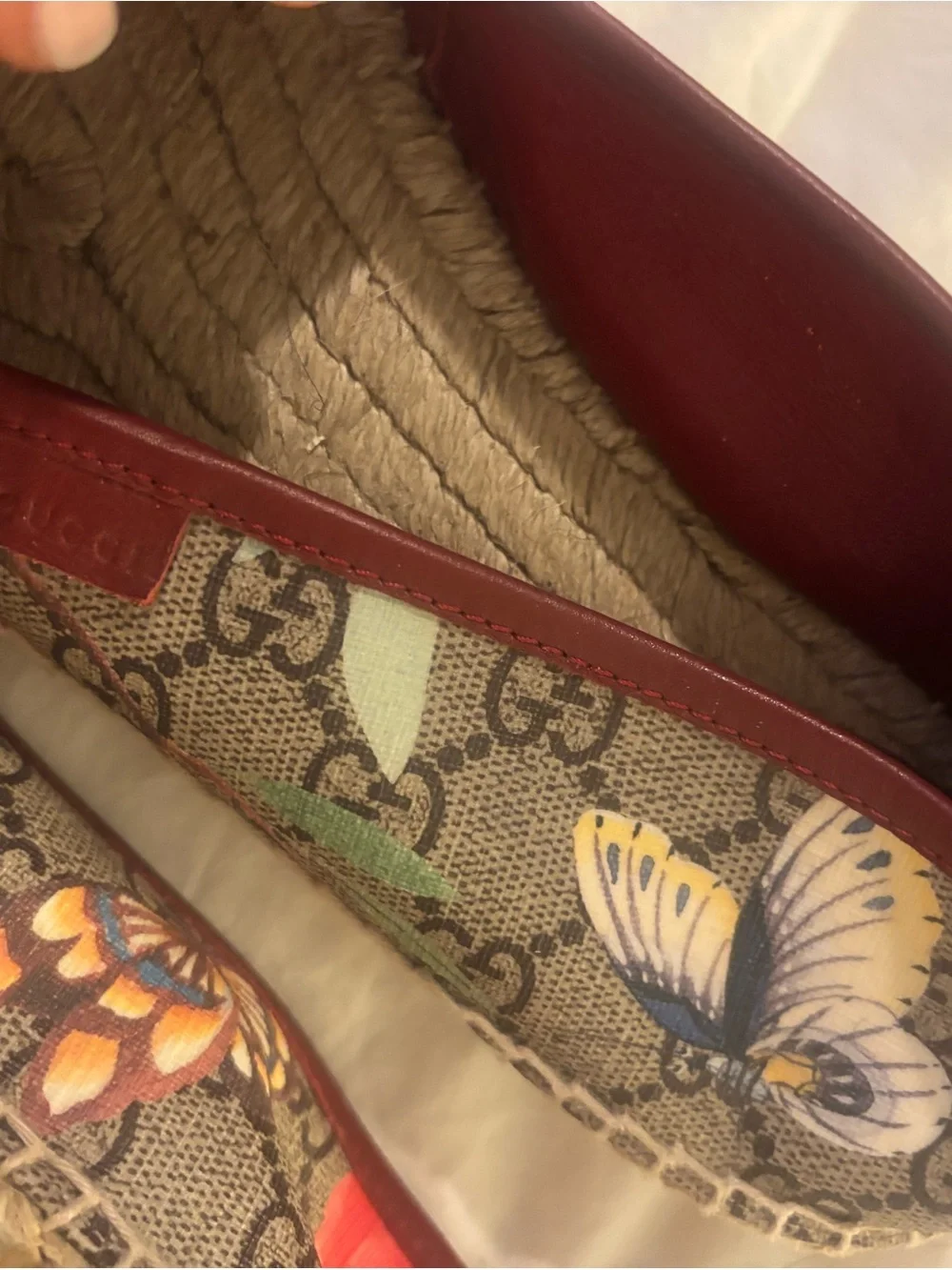 Gucci Brown Monogram Hummingbird & Floral Espadrille Flats with Red Trim